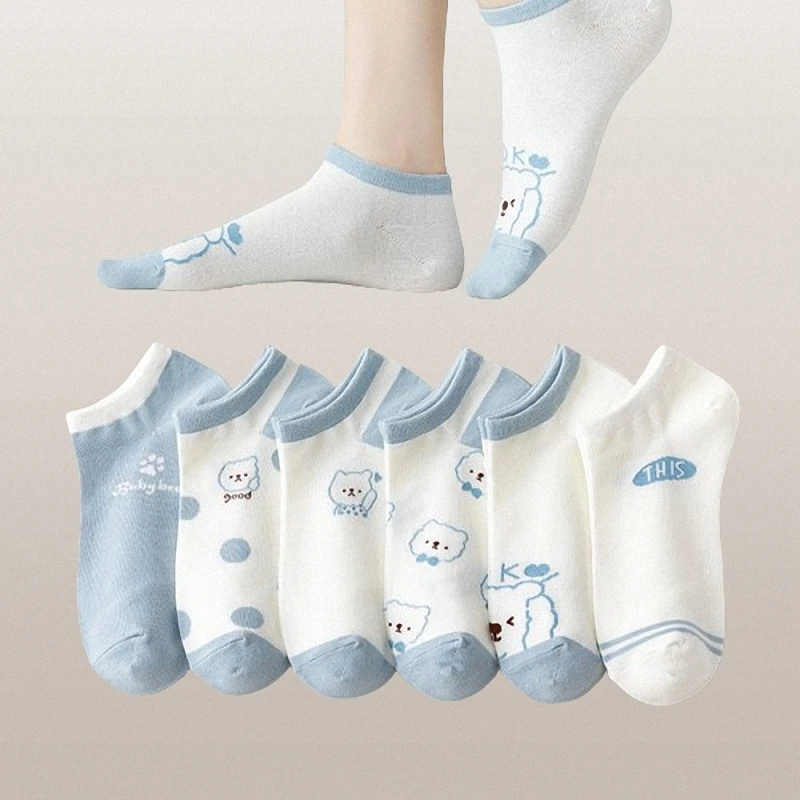 Calcetines informales transpirables de corte bajo para mujer, medias finas de alta calidad con diseño de oso bonito, azul claro, dibujos animados, Primavera, 5/10 pares