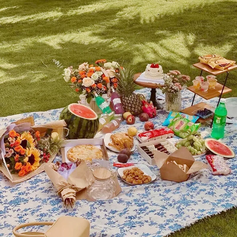 Tapis de pique-nique style Ins, tapis de pelouse pour sorties printanières, nappe d'extérieur, nappe en coton-lin imprimée style américain résistante à l'humidité