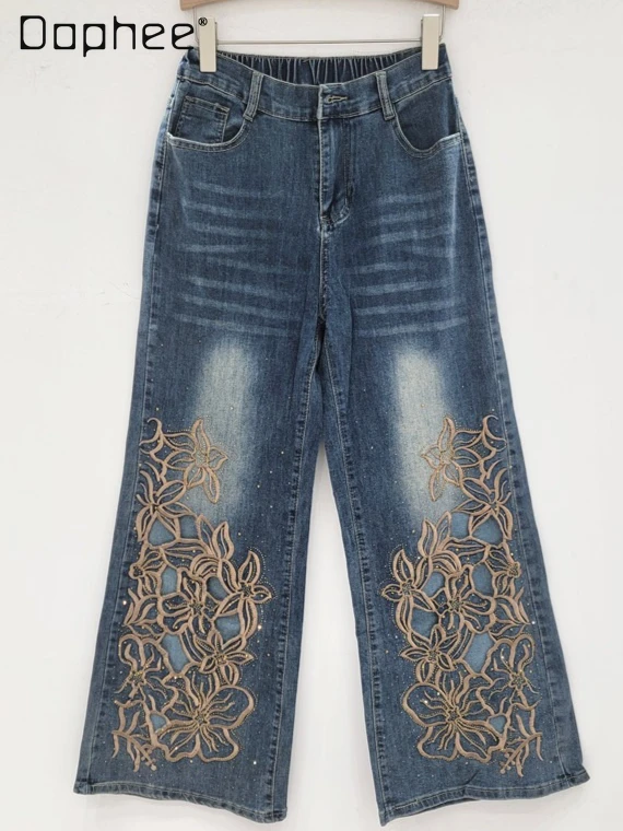 

European Personality Trendy Jeans Women Heavy Industry Embroidery Hollow Out Rhinestone High Waist Stretch Slim Straight Pants