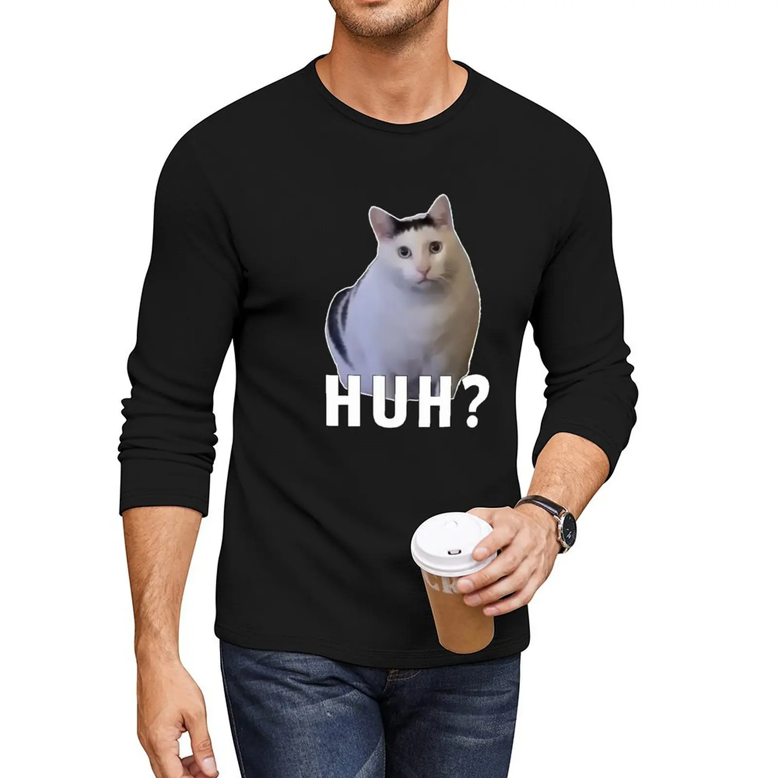 Huh cat meme Long T-Shirt vintage t shirt sweat shirts, men