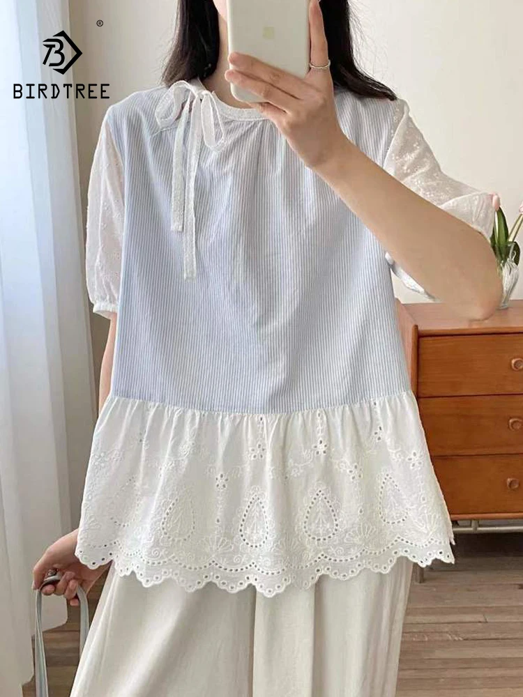 

New 2026 Summer Women Cotton Short Sleeve Shirt, Stand Striped Lace, Mori Girl Japan Preppy Style Commute Loose Blouse T64319CC