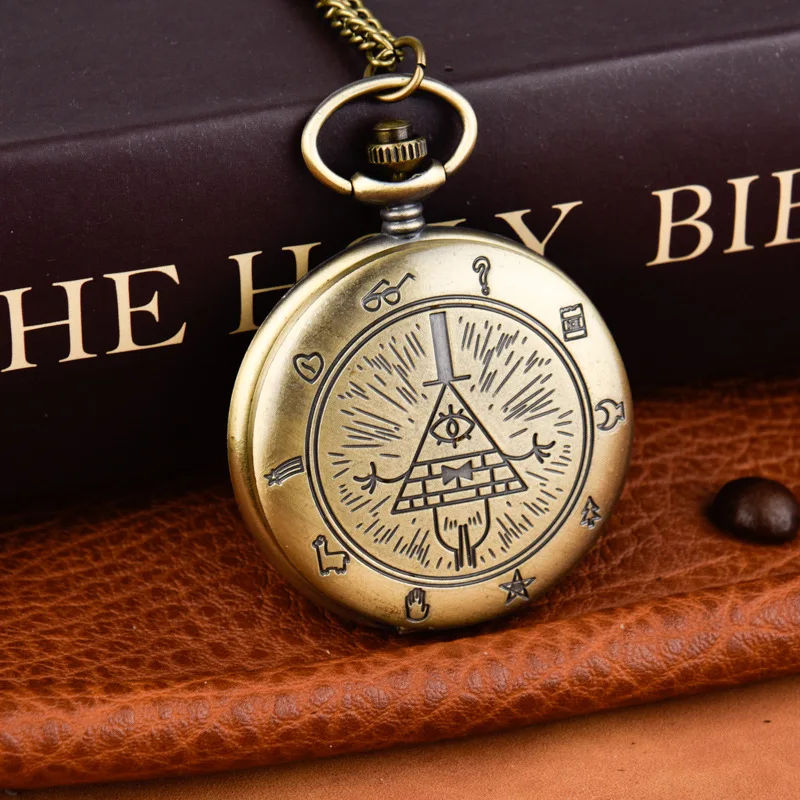 Bronze Vintage Bill Cipher Quartz Pocket Watch Analog Pendant Necklace Men Women Fob Watch Kid Chain Gift CF1034