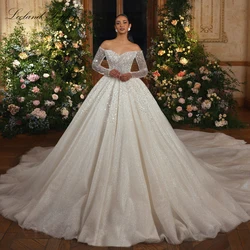 Lceland Poppy Customized Ball Gown Boat Neck Wedding Dresses Glitter Tulle Floor Length Long Sleeves Beaded Bridal Gowns