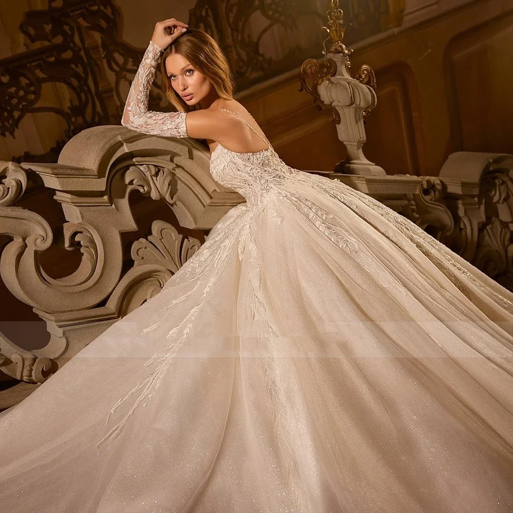 Flavinke Элегантное блестящее кружевное бальное платье с бисером на заказ, свадебные платья 2025 года с бретельками-спагетти, милые свадебные платья