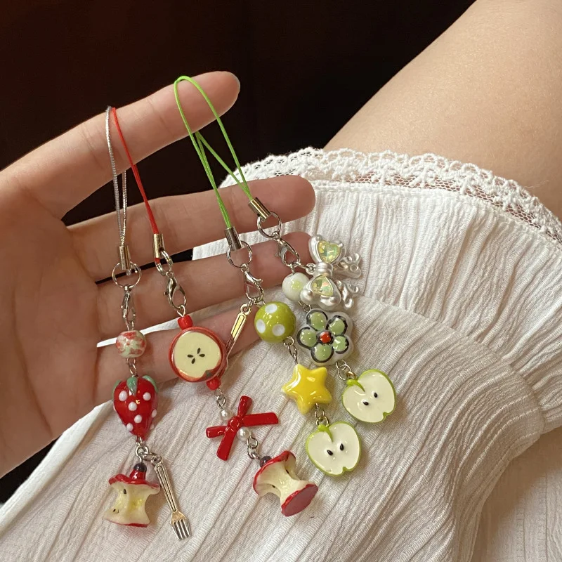 

Y2K Phone Charms Apple Bow Pendant Beaded Phone Lanyard Sparkling Wrist Strap Phone Chain Bag Keychain Girls Jewelry Gifts