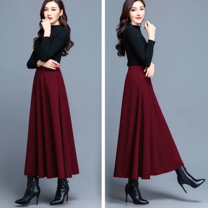 

2024 Autumn and Winter Solid Color Woolen Skirt Big Hem A- Line Skirt High Waist Long Woman Skirts Mujer Faldas Saias Mulher