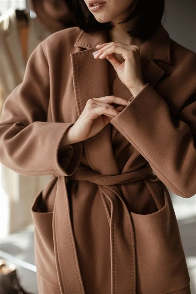 Brown Cashmere Women Suit Overcoat Woolen Winter Thick Custom Made 1Pcs Long Jacket Blazer With Belt Pocket Casual Prom Dress