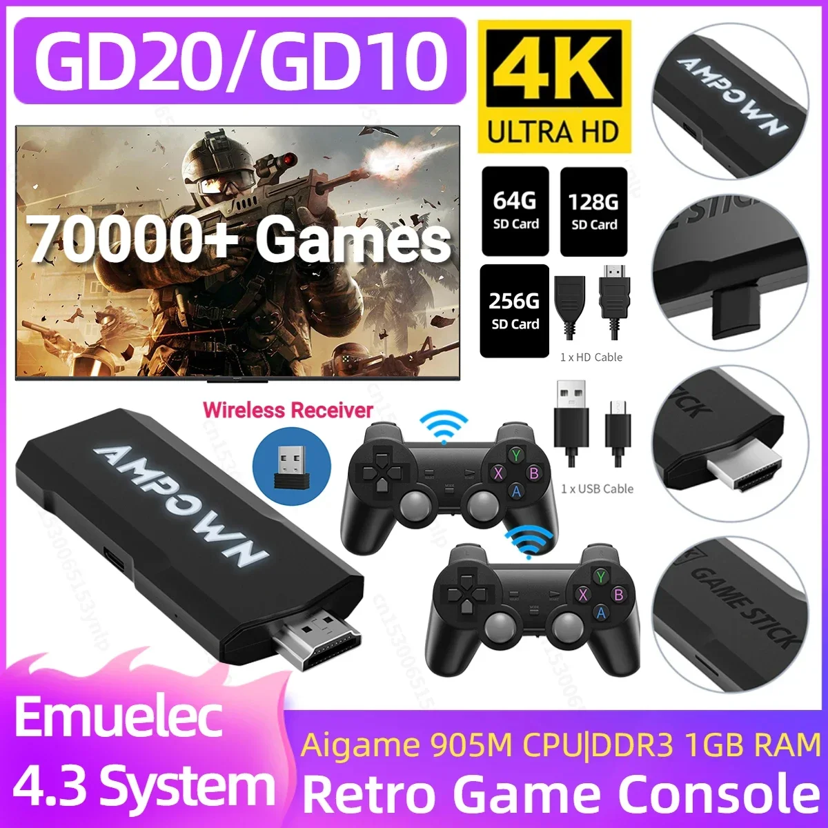 Game Console 40+ Classic Emulators Low Latency 4K 60fps HDMI-Compatible Output Plug and Play with Dual 2.4G Wireless Controllers