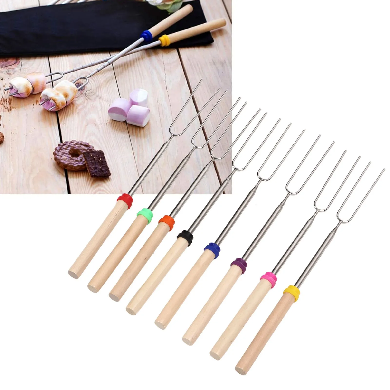 8PCS  retractable stainless steel toasted marshmallow sticks outdoor barbecue cookware for hot dog barbecue picnic camping