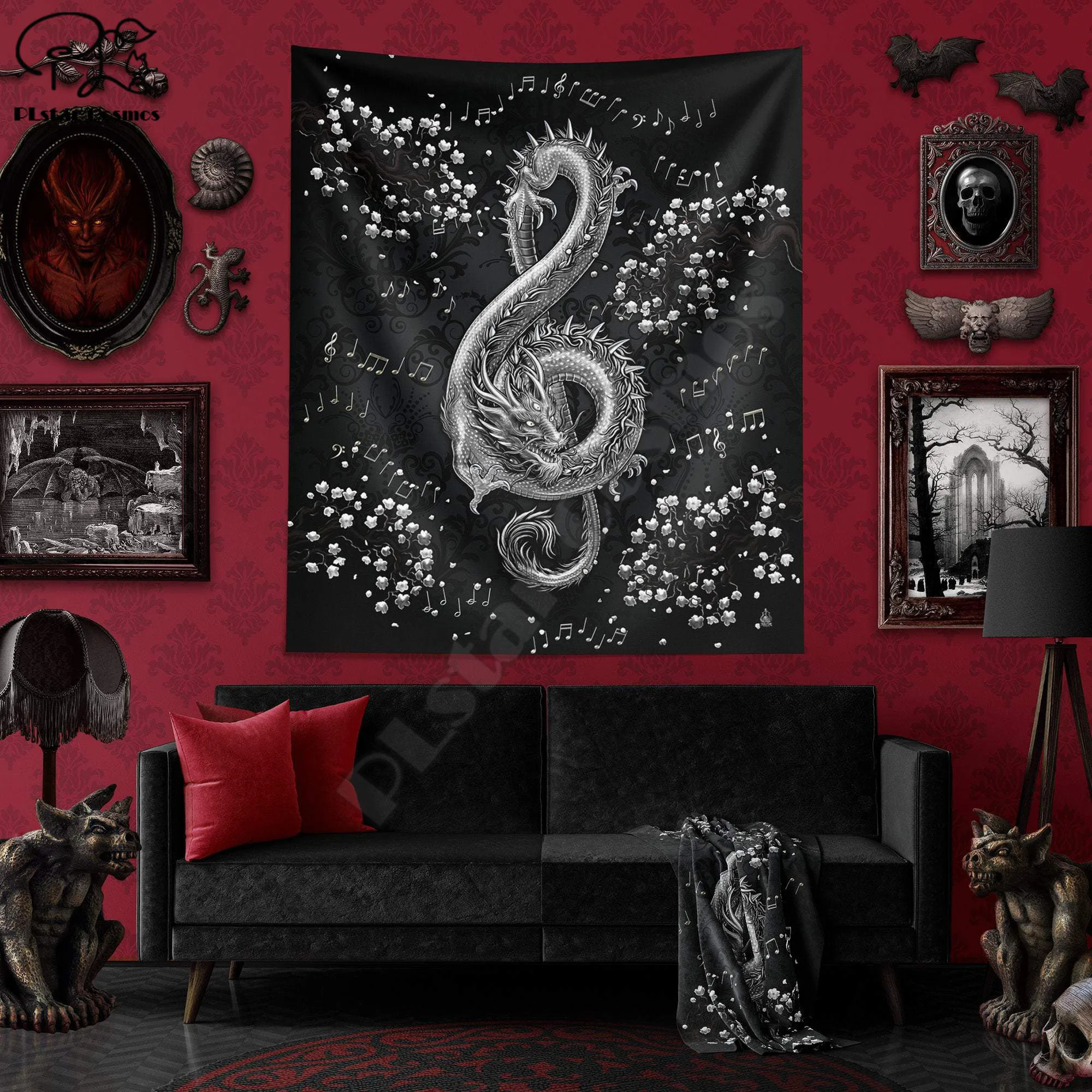 Dragon Tapestry, Music Wall Hanging, Eclectic Home Decor, Art Print - Silver Black, Treble Clef