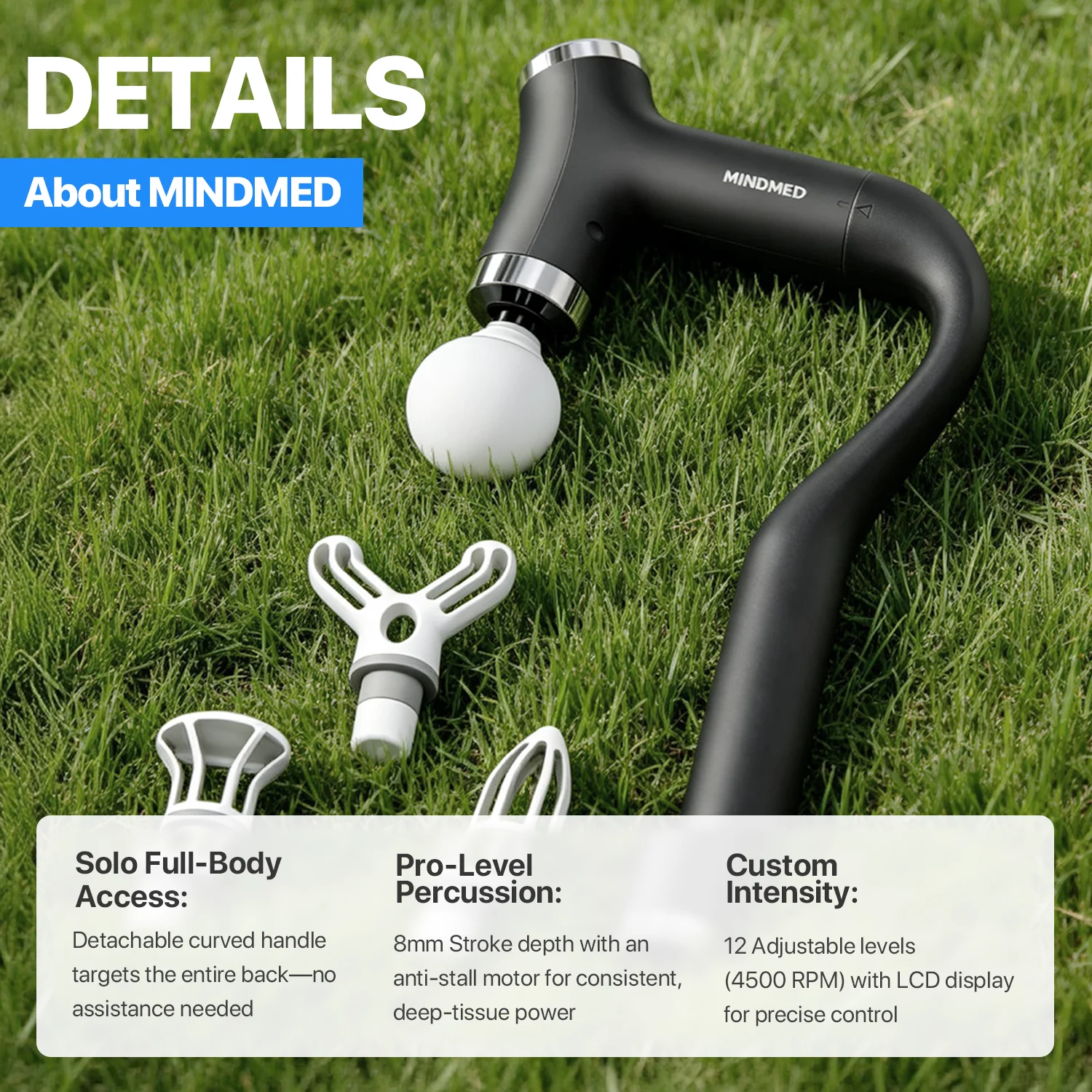 MINDMED Long Handle Detachable Massage Gun Deep Tissue Muscle Gun for Back Neck Shoulder Body Recovery with 12 Speed & 4 Heads view 5