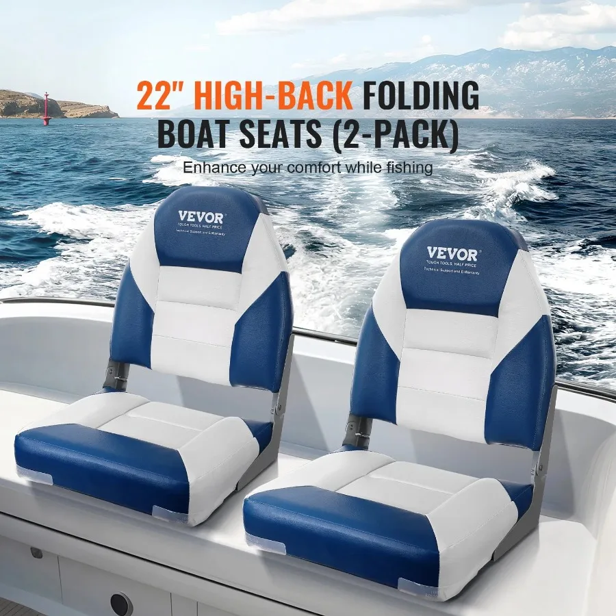 VEVOR Boat Seats 21.85 High Back Folding Boat Chair Thickened Sponge Padding Hinge Pack 2 Fishing Boat Sightseeing Speedboat Ca