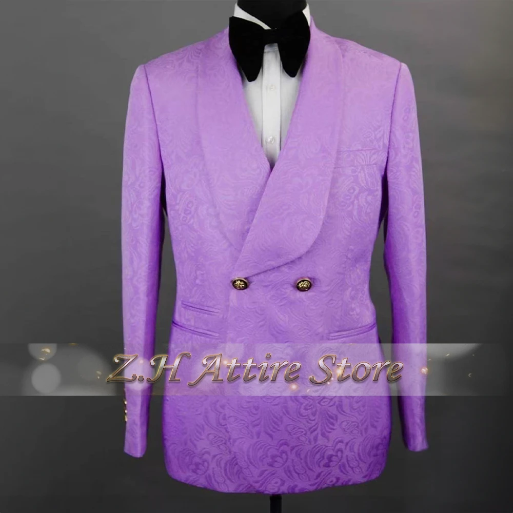 

Exquisite violet men's jacquard suit jacket shawl lapel gold double-breasted blazer customized for wedding prom evening banquet