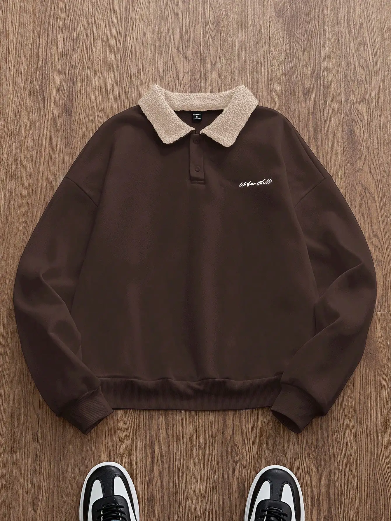 

Unisex Brown Loose Fit Long Sleeve Sweatshirt with Fleece Collar for Autumn Winter Casual Wear