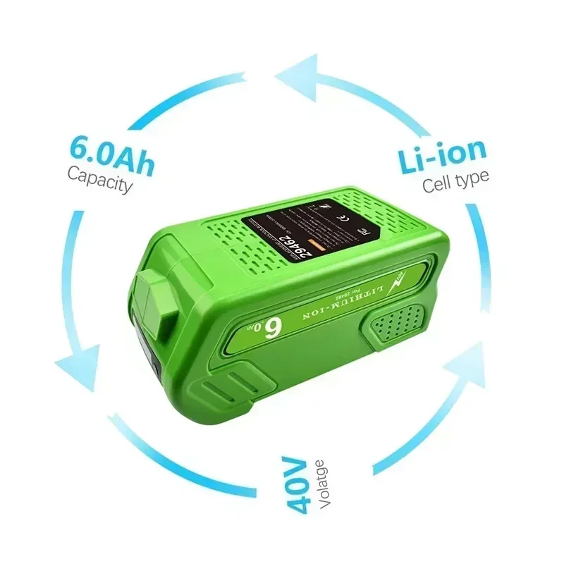 2026 بطارية احتياطية جديدة عالية الجودة لجزازة العشب 40 فولت 6.0 أمبير، 5.0 أمبير، 4.0 أمبير، G-Max GMAX 29462، 29472، بطارية أداة جزازة العشب