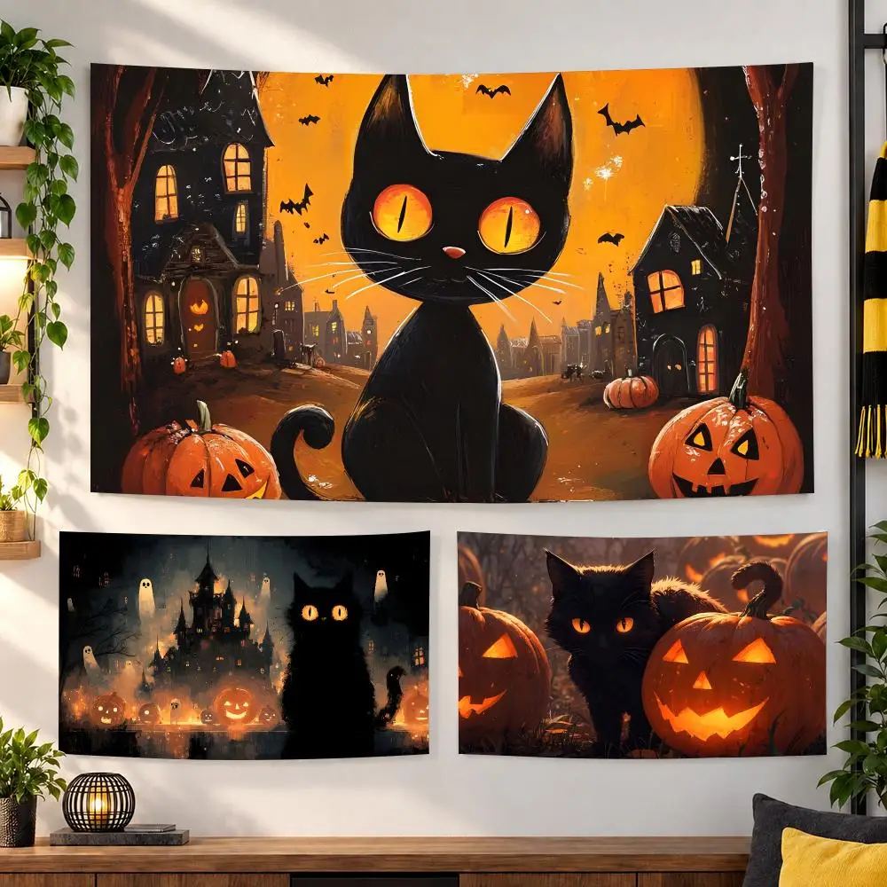 Cartoon Black Cat Halloween Night Tapestry Wall Decoration Suitable For Living Room Bedroom Study Party Home Decor Gift