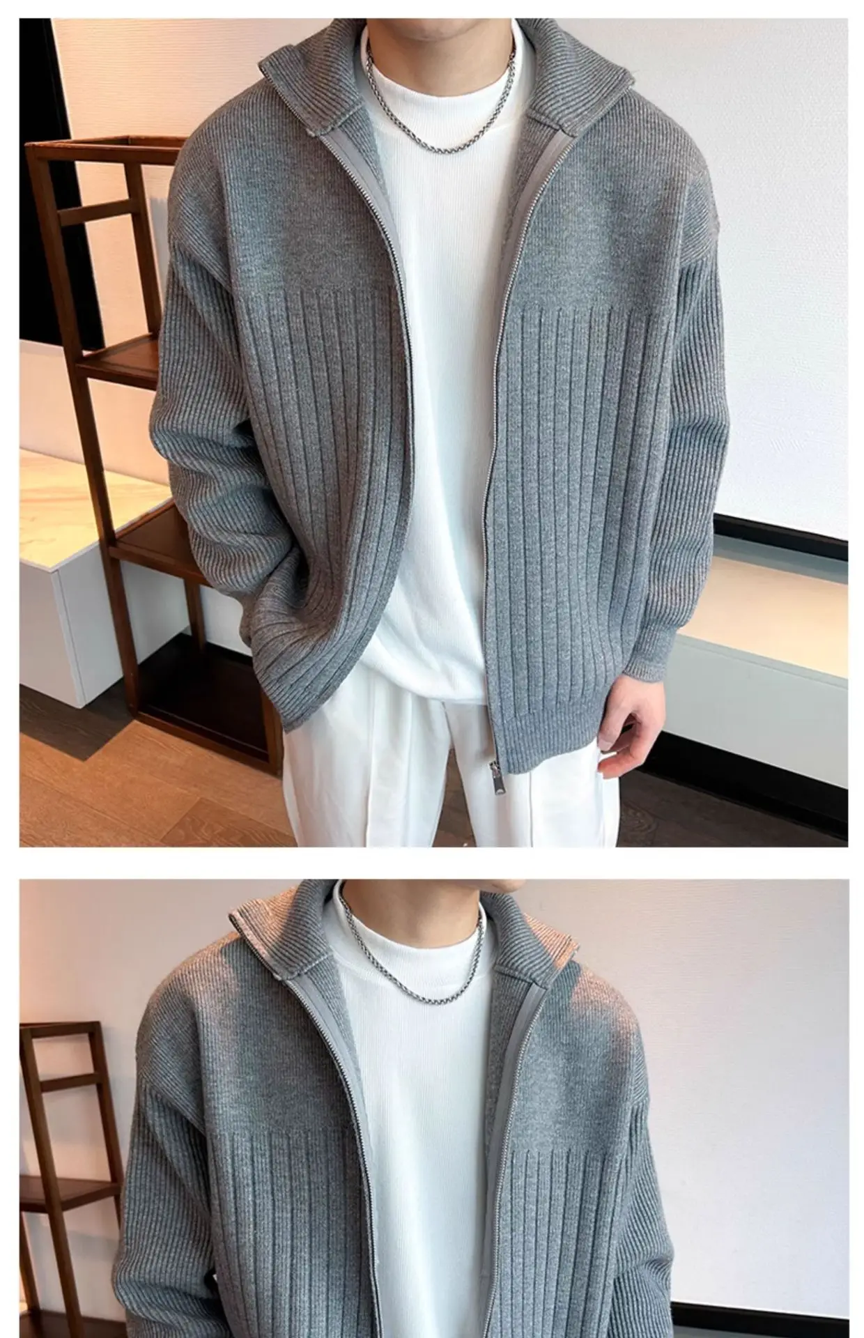 Herren Herbst Winter Gestreifter Cardigan Pullover Jungen Studenten Warme Jacke Herren Casual Pendlerjacke Weiche Bequeme Strickware – Detail 7