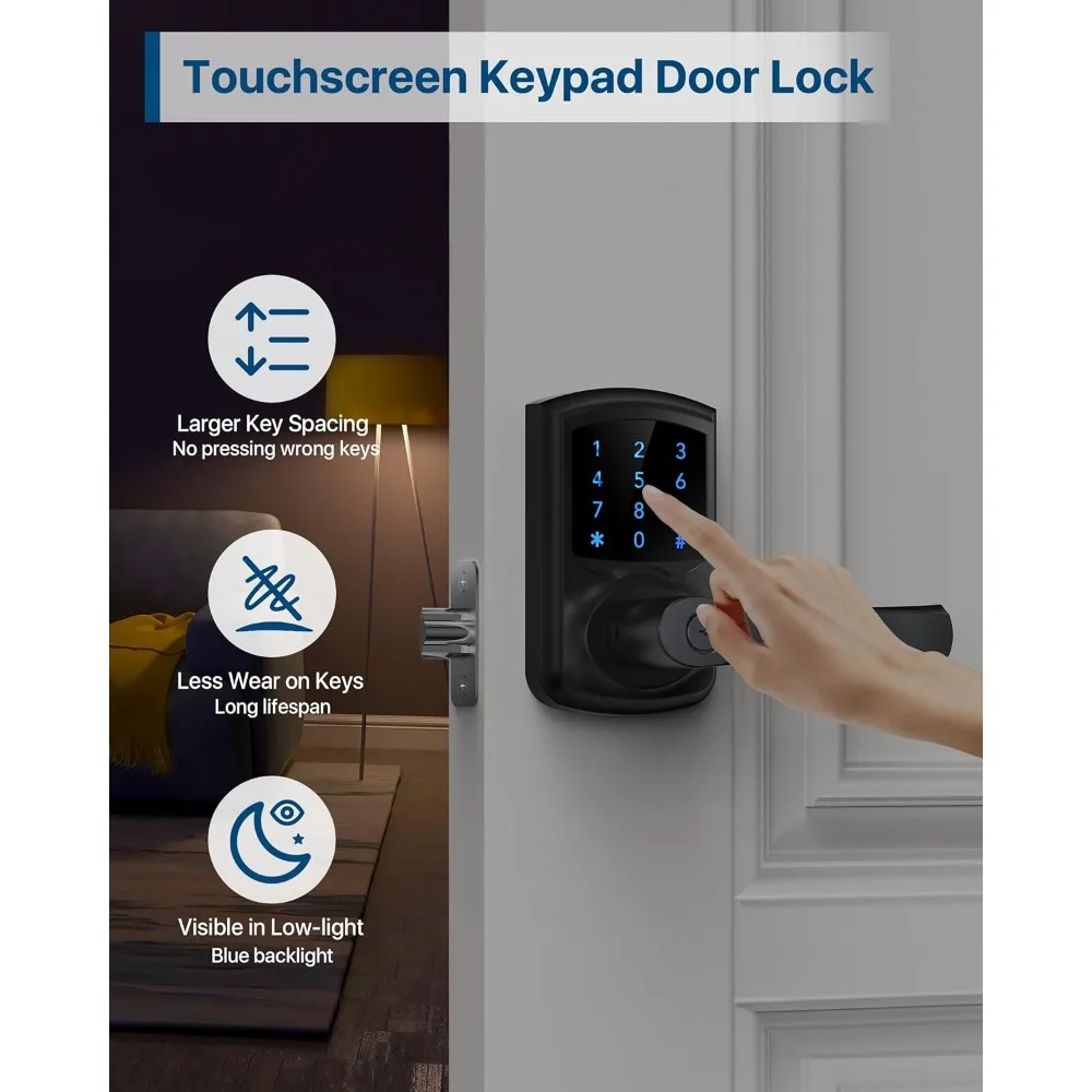 Keyless Entry Door Lock with Keypad and Handle for Front Doors, Touchscreen, Anti-peep Password, Auto-Locking, Matte Black 4 Pac