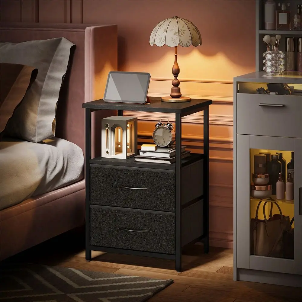 

2 Drawers Night Stand, Beside Table With Fabric Drawers, End Table With PU Finish, Bedside Table, Bedroom Furniture