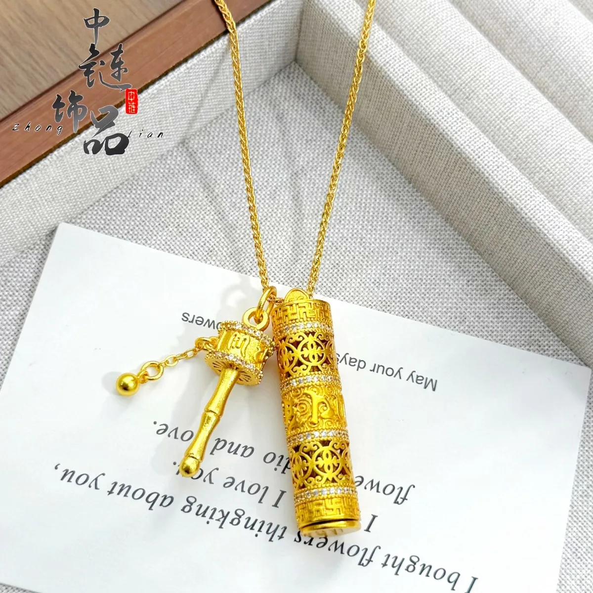 9999 gold diamond-studded six-character mantra rattle with pendant Buddha necklace and Buddha pendant for wholesale purchase