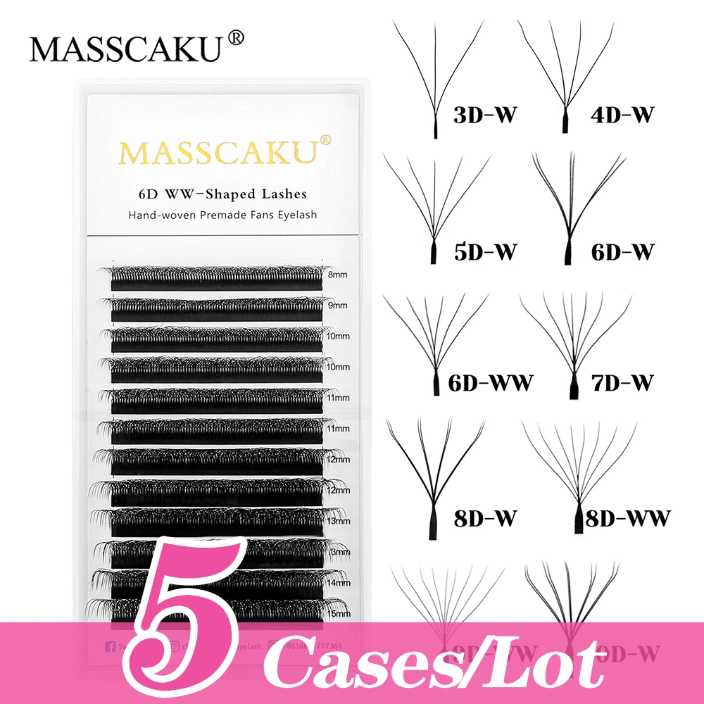 

MASSCAKU 5cases/lot Wholesale 0.07mm Thickness Long-lasting W Style Lashes Wispy Handmade Premade Volume Fans Eyelashes Supplies