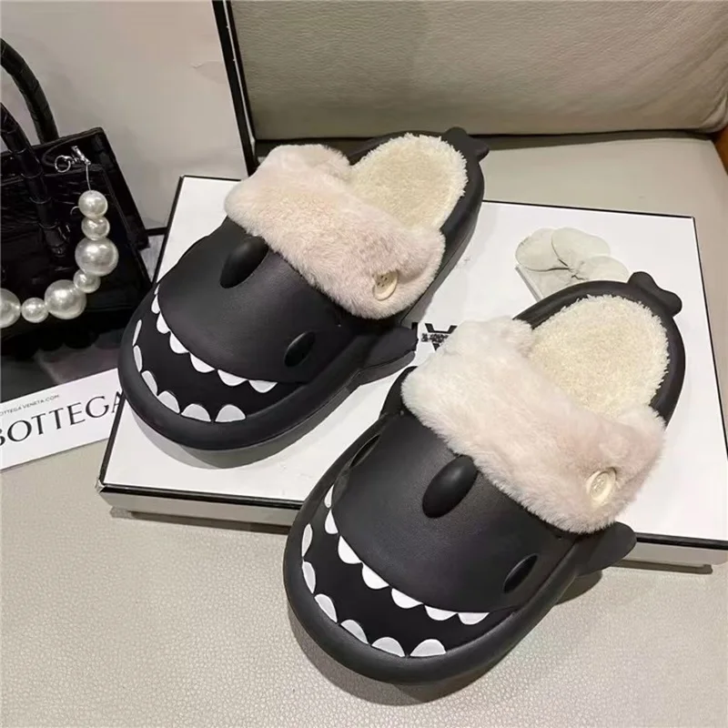 Shark Slippers Woman Winter Cotton Sandals Waterproof Indoor Non-slip Slides Plush Couple Shoes Home Flat Shoe Shark Flip Flops