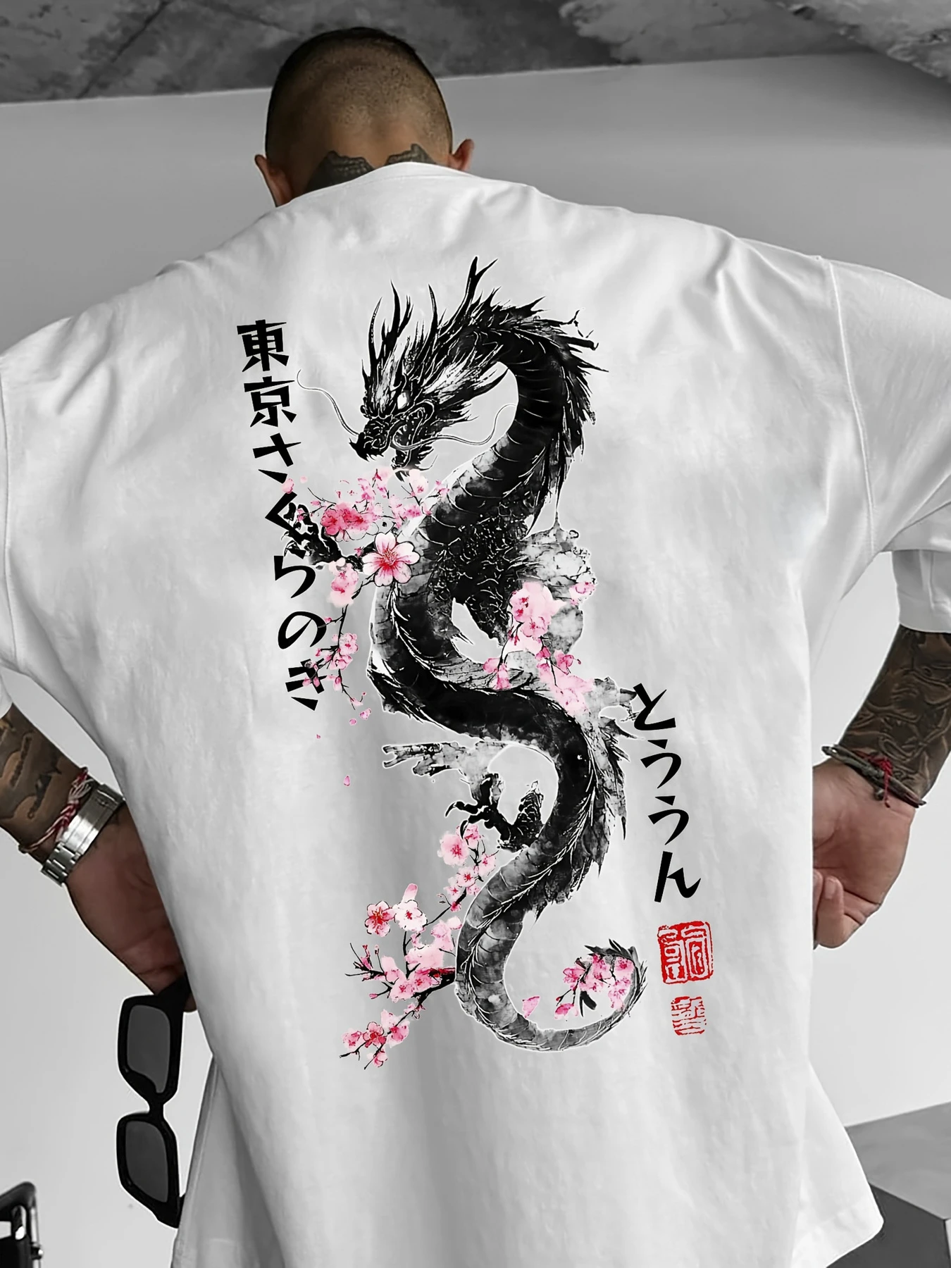 Men'S Top - Japanese Elements Cherry Blossom and Dragon | Men'S Pattern Printed T-Shirt | Nostalgia | Perfect for Outdoor