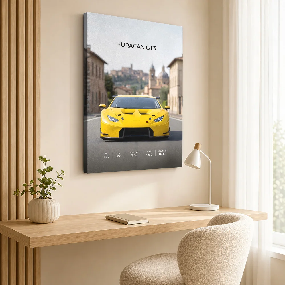 Italian Huracan GT3 Car Framed Canvas Print Customized Photo Detailed Roadside Illustration Wall Art For Racing Simulator Room