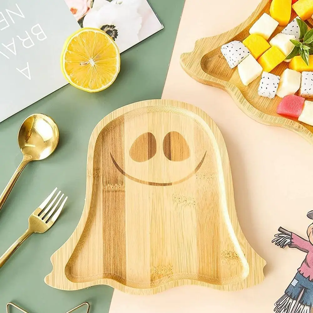 Practical Handmade Halloween Pumpkin Plate Wood Craft Cute Wooden Plate Tray Reusable Cartoon Dessert Board Snacks