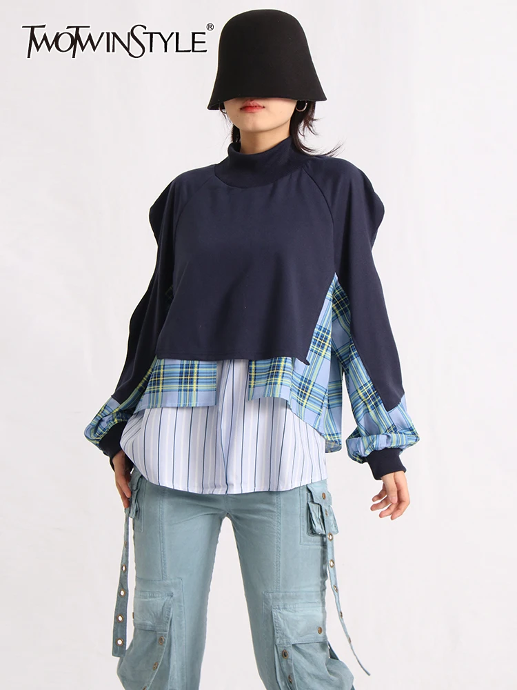 TWOTWINSTYLE Hit Farbe Sweatshirts Für Frauen Rundhals Langarm Casual Lose Patchwork Taste Sweatshirt Weibliche Mode 2024