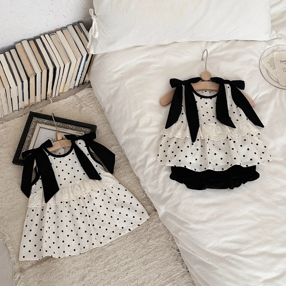 2026 Summer New Girls Sleeveless Clothes Set Cotton Baby Girl Polka Dot Bow Sweet Lace Tops + Shorts 2pcs Suit Toddler Outfits