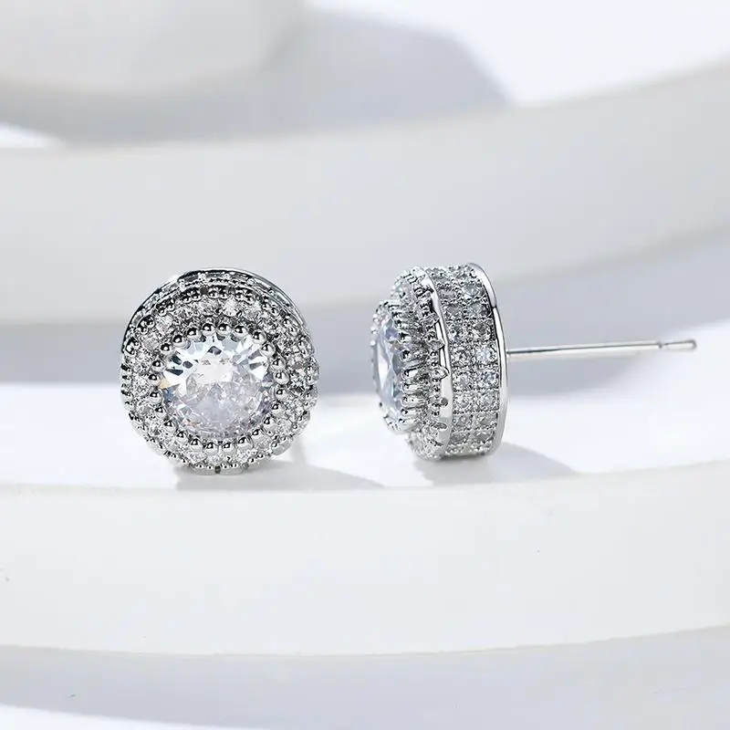 ★▲Round Shape Zircon Stud Earrings Ultra Gleaming Geometric Luxury Design Perfect for Office Wear