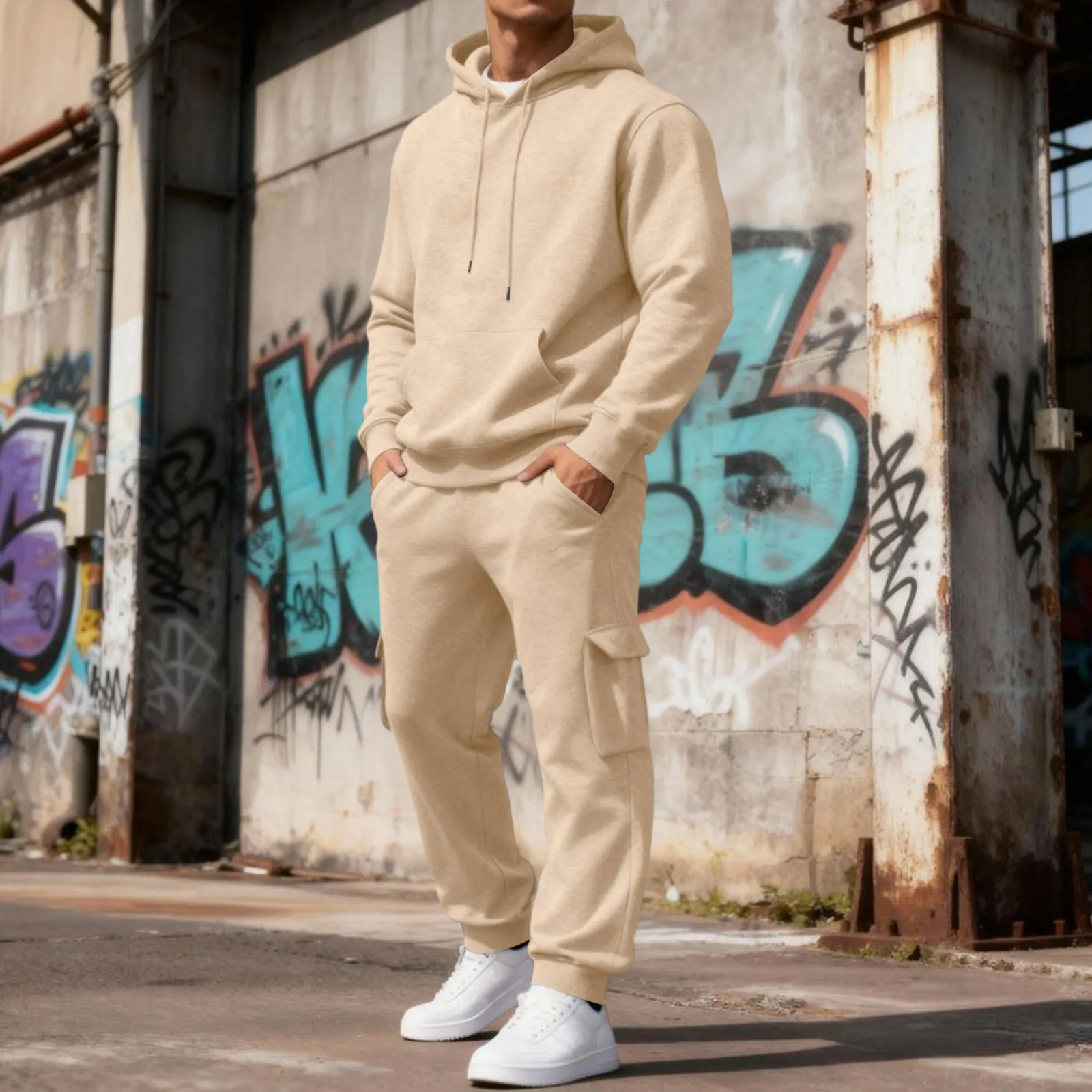 بدلة رياضية رجالية مبطنة بالصوف الحراري مكونة من قطعتين، سويت شيرت بقلنسوة، سترة ركض كاجوال للشتاء في الهواء الطلق بلون واحد