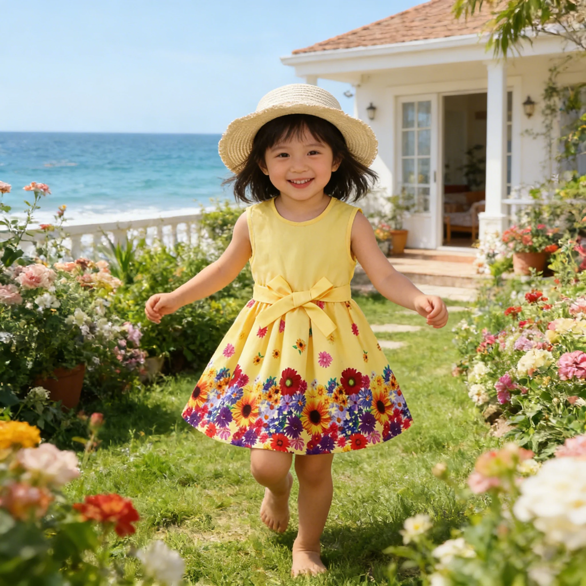 Sommerkleid für Mädchen, Rundhalsausschnitt, wunderschönes, mit Blumen bedrucktes, ärmelloses Kleid + Gürtel-Set, Freizeitkleid für Mädchen im Alter von 4–7 Jahren