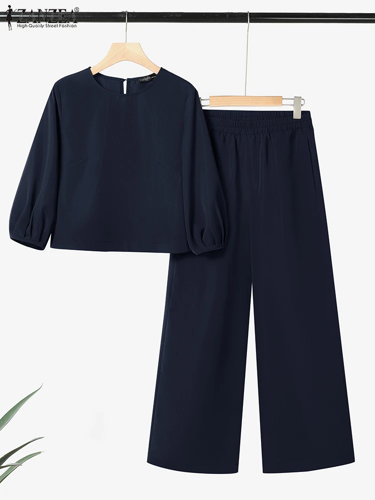 

ZANZEA женские комплекты широких брюк ретро блузка брюки 2025 однотонные карманы повседневные свободные костюмы модные одинаковые комплекты из 2 предметов