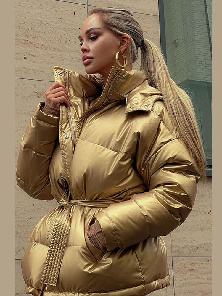 Women Shiny Reflective Lace-up Padded Jacket Detachable Hood Belted Waist Parka Coat 2026 Winter Warm Fashion Chic Street Coats