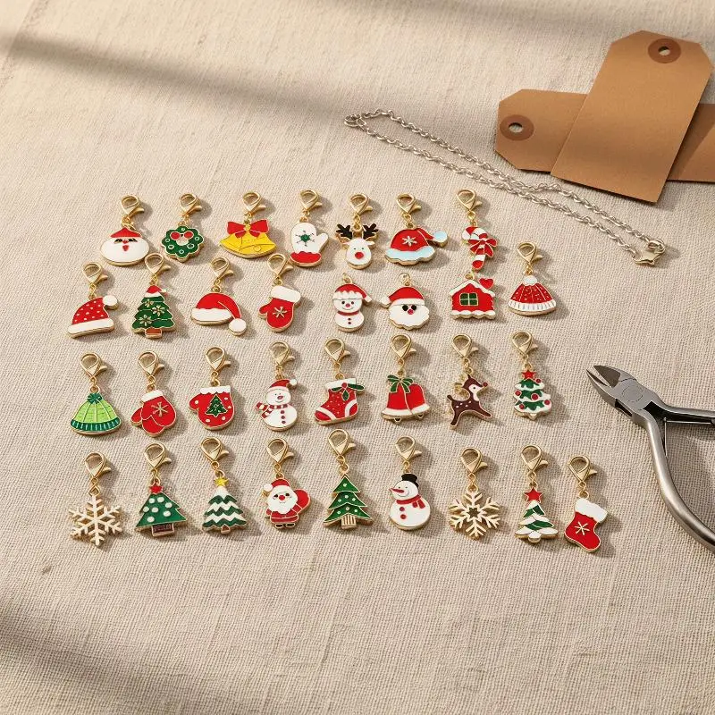 10/20/30 Pcs Mixed Christmas Theme Keychains Clip-on Pendant Xmas DIY Making Pendants Necklaces Earrings Bracelets