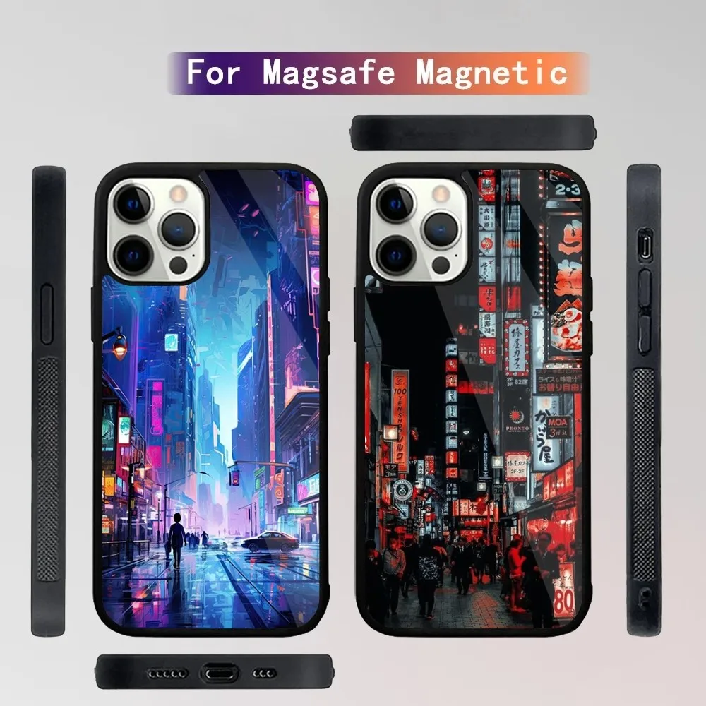 Neon Blue Cyberpunk Tokyo Street  Phone Case For iPhone 15,14,13,12,11,Plus,Pro,Max Mini Magsafe Magnetic Wireless Charging