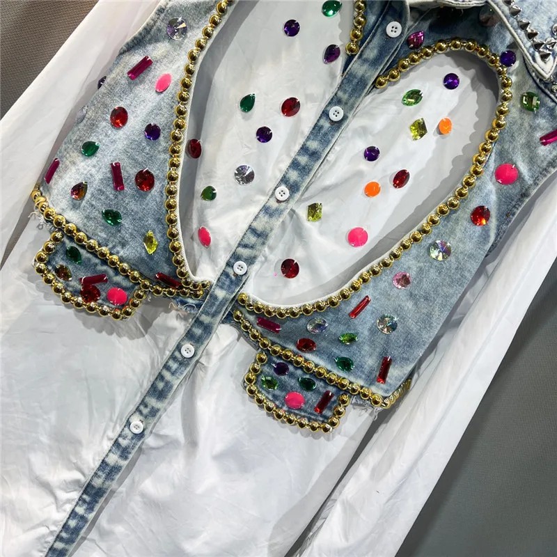Fashion Rivet Diamond Fake Two-piece Denim Patchwork Shirt Jacket Spring Pink White Black Casual Lapel Long Sleeve Female Coat