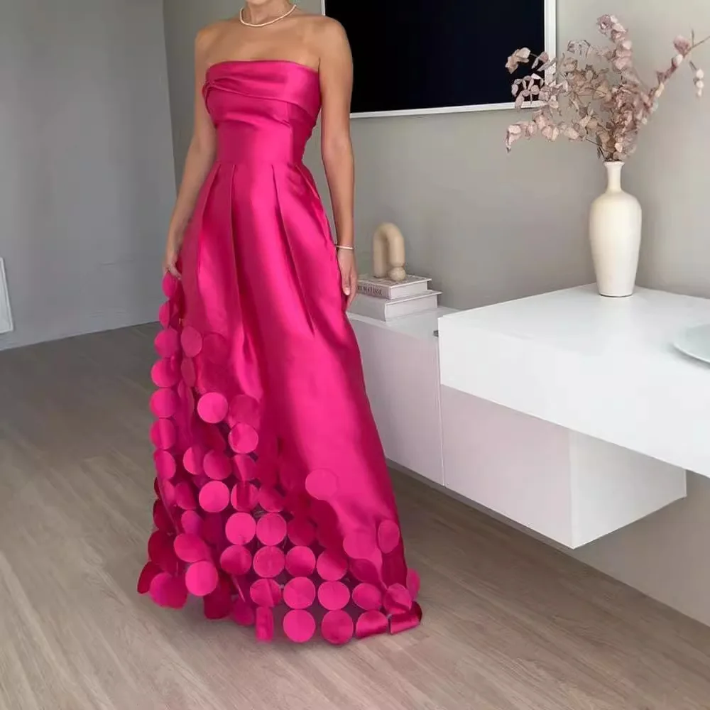 

Elegant Women 3D Floral Evening Dress Strapless Satin Wedding Guest Party Club Cocktail Maxi Dresses for Women 2025