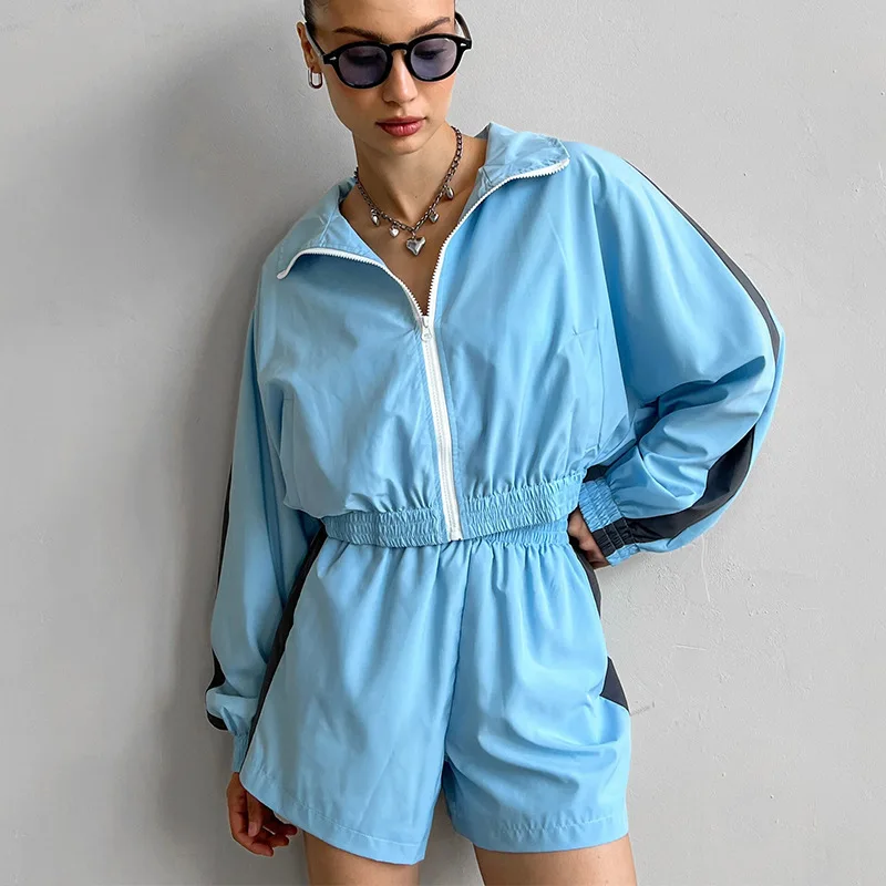 

Women's Shorts Set Striped Fashion Spring Summer Sports Cardigan Loose Long Sleeved Zipper Sports Top Shorts Two-piece Set