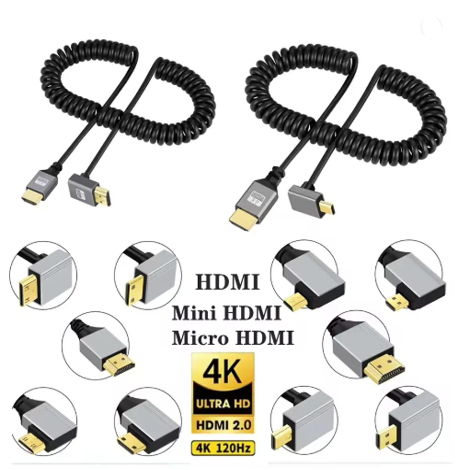 4K 60HZ Micro Mini HDMI-Compatible Male TO HDMI Male Coiled Extension Flexible Spiral Cable for Laptop PC DVD PS4 5 Monitor TV