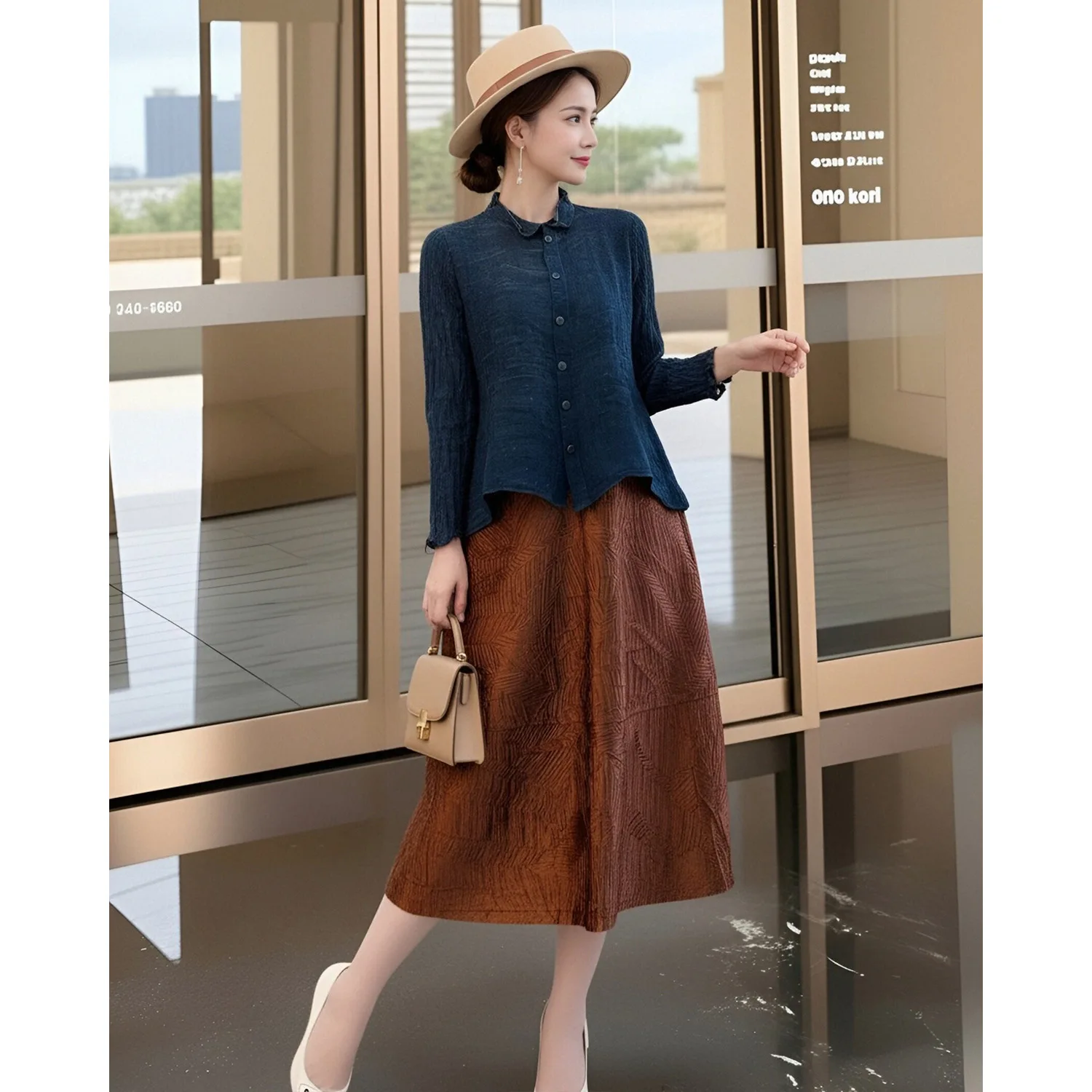 

Elegant Blue Shirt Women, High-end, Luxury, Age-reducing, Western-style Hong Kong Style Top, Miyake High-end Fashion Plus Size