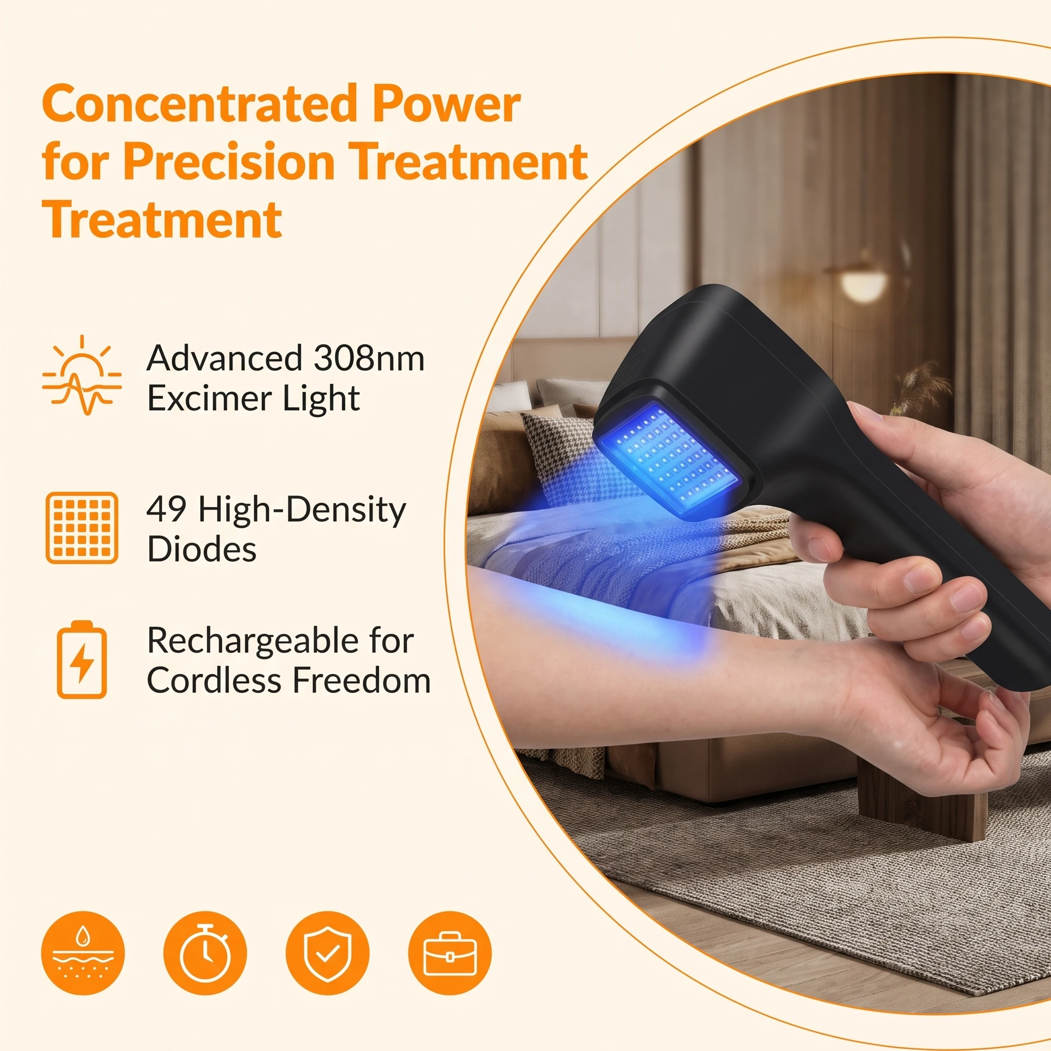 Handheld Rechargeable 308nm UVB Excimer Lamp 49 Diodes Precision Target Light Therapy Device for Vitiligo Psoriasis