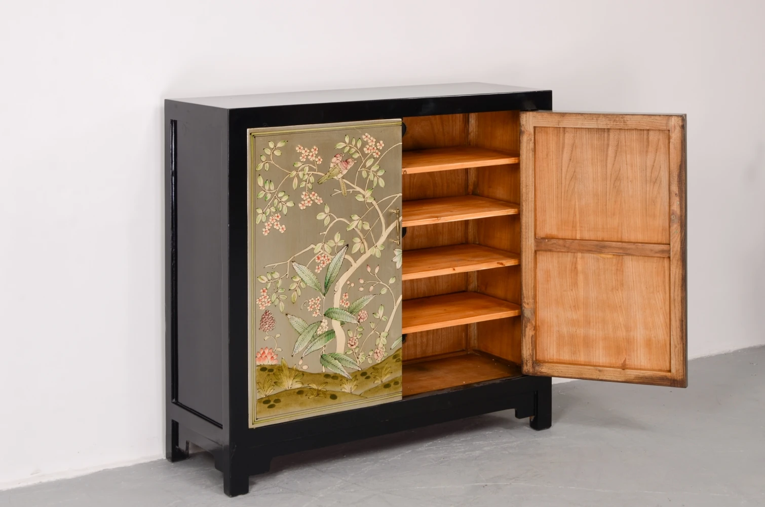 

✿a Solid Wood Antique Chinese Cabinet Warm Tone Doors Black Frame Brass Handle Wooden Cabinet
