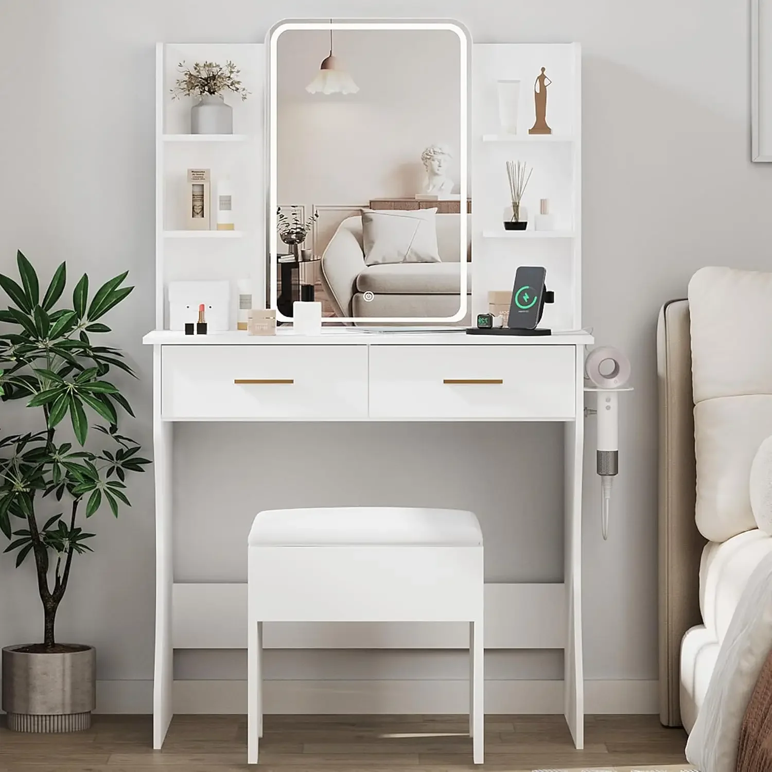

A LED Lights Mirror Power Outlet Small Makeup Vanity Table Desk Set Dressing Table For Women Girls Bedroom
