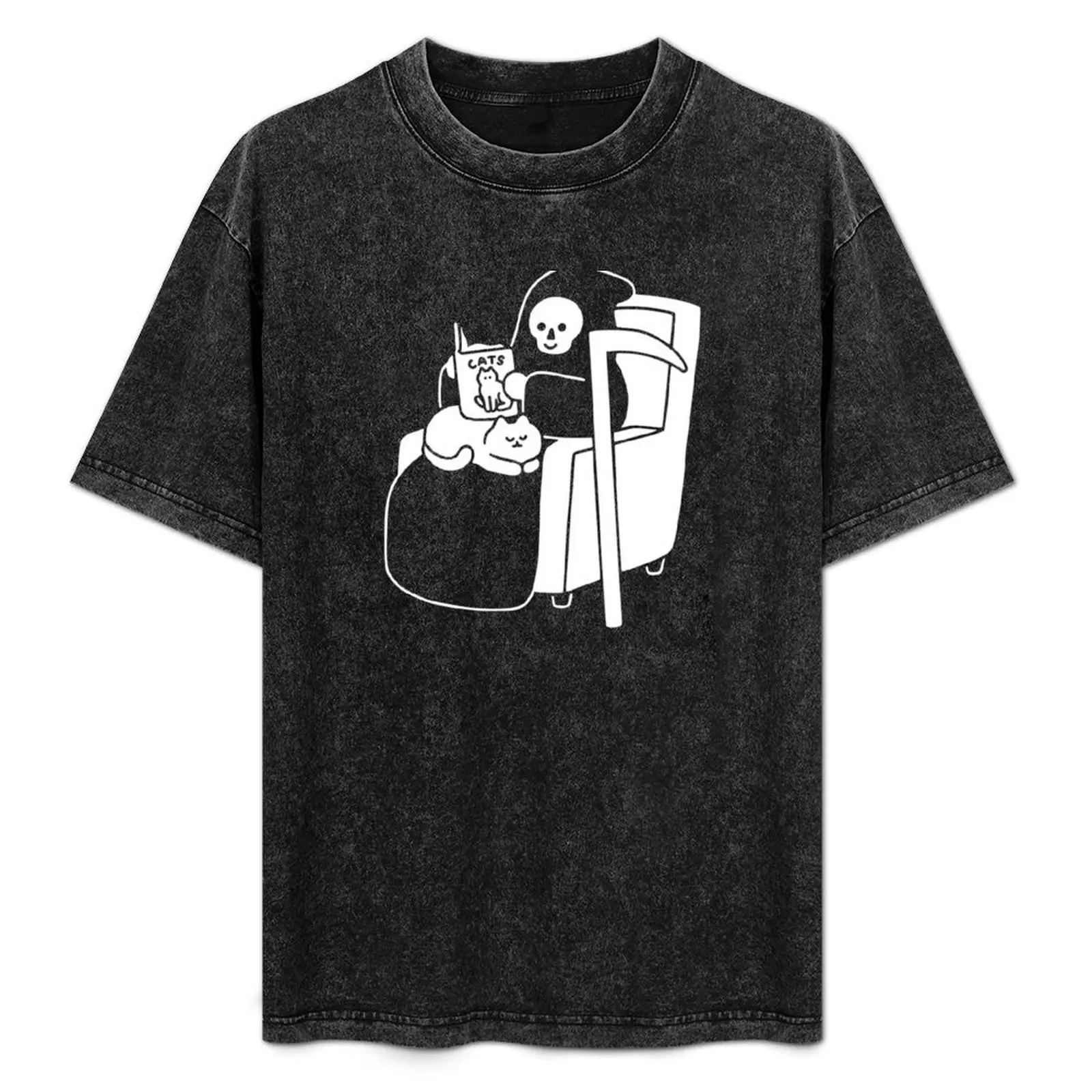 

Grim and Cat Reading Time T-Shirt Basic Plain Short Sleeve Crew Neck Tee
