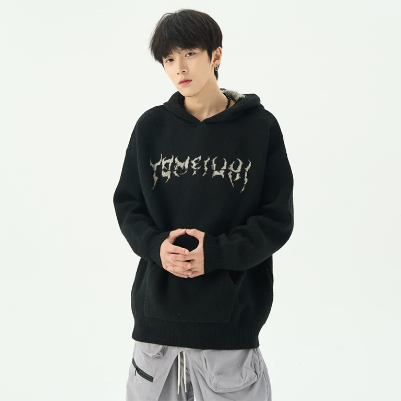 Hip Hop back Skull Skeleton Knitted Oversized Sweater Mens Hooded Long Sleeve Pullover Streetwear Loose Sweaters Clothing Jumper