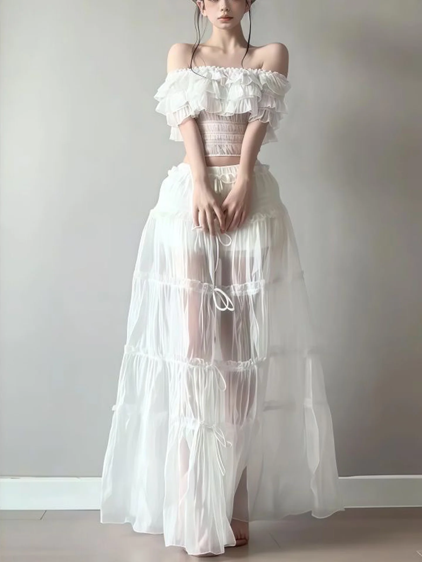 Sexy Half-length See-through Skirt Set with One-shoulder Top Highlighting Body Shape for Women Korean Style Commute Use