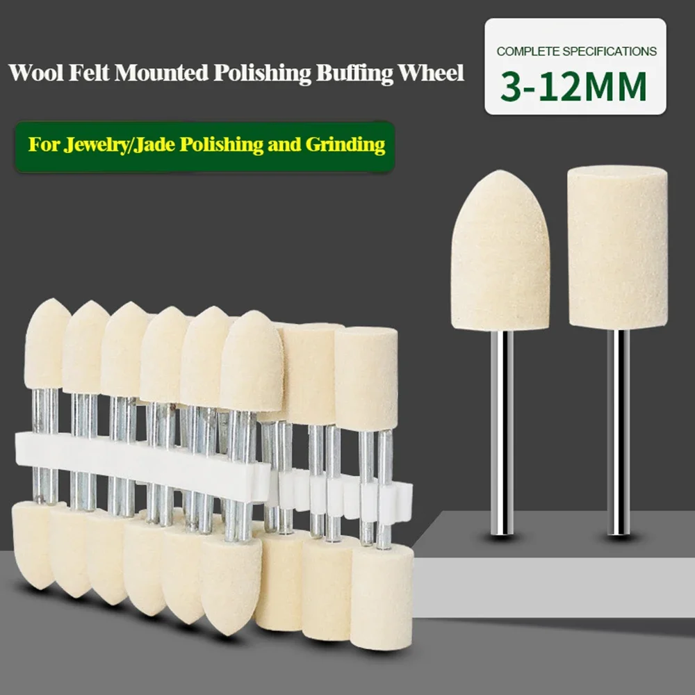 12Pcs Wool Felt Mounted Polishing Buffing Wheels OD Range 3-12mm For Dremel Drill Rotary 2.35/3mm Shank Tool Grinding Heads Bits